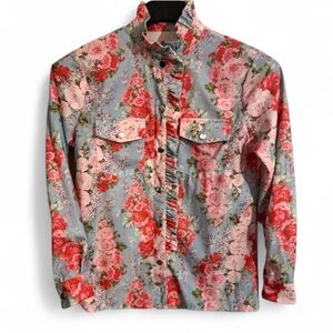 CHERRYBETTY Baby Blue Multi Floral Print Corduroy Ruffle Neck LS Shirt Sz S $69